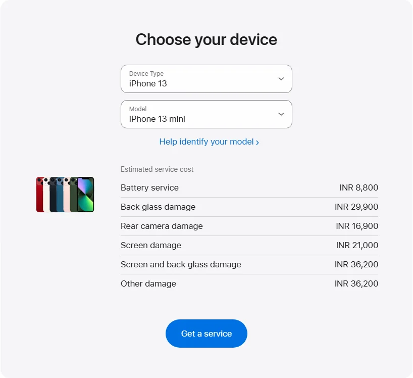 Apple India's repair pricing panel showing iPhone 13 mini service estimates
