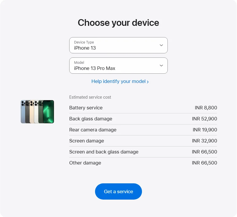 Apple India's repair pricing panel showing iPhone 13 Pro Max service estimates