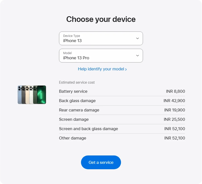 Apple India's repair pricing panel showing iPhone 13 Pro service estimates
