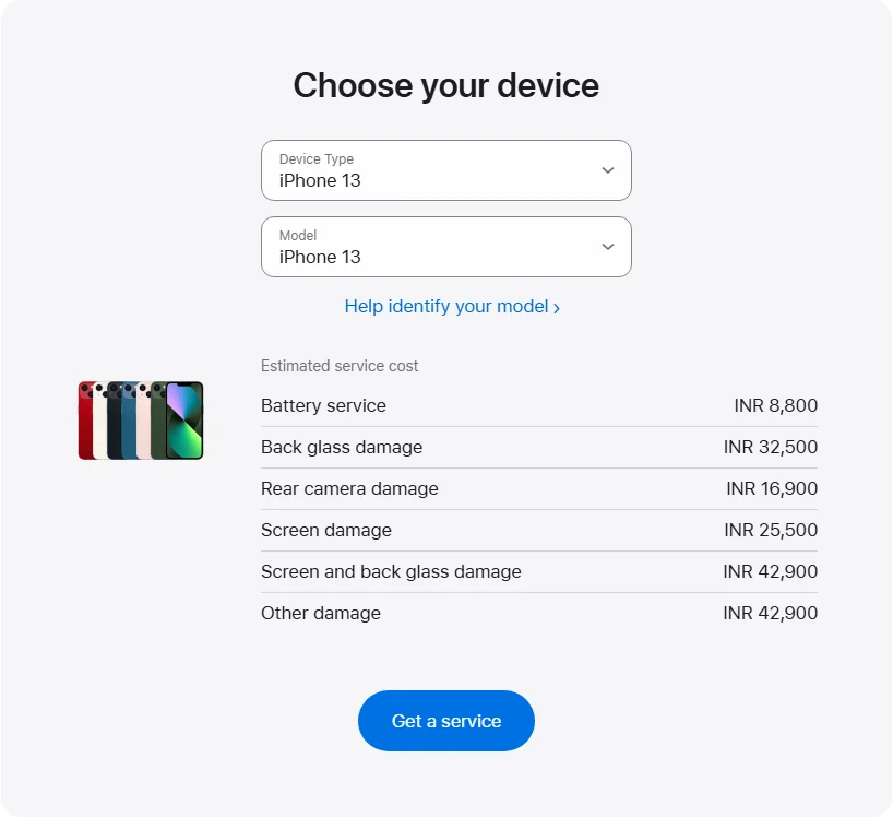 Apple India's repair pricing panel showing iPhone 13 service estimates