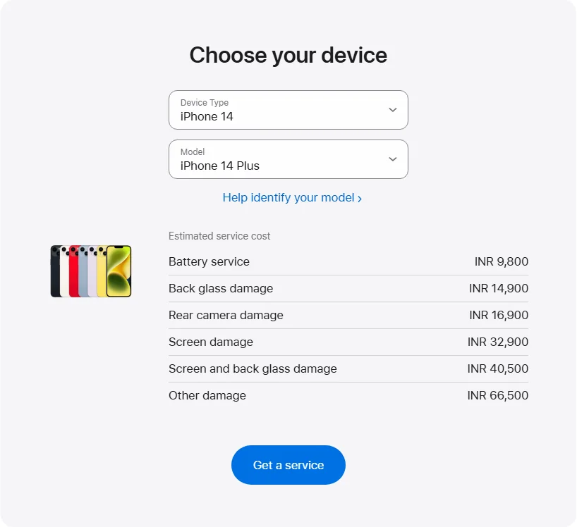 Apple India's repair pricing panel showing iPhone 14 Plus service estimates