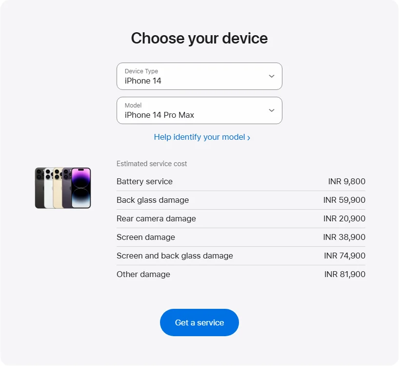 Apple India's repair pricing panel showing iPhone 14 Pro Max service estimates