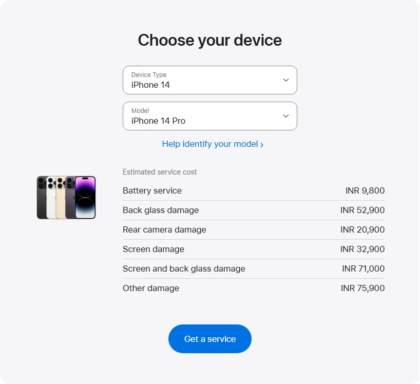 Apple India's repair pricing panel showing iPhone 14 Pro service estimates
