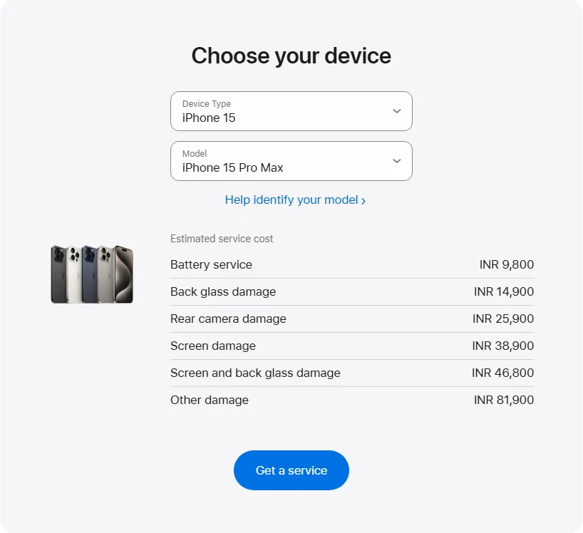 Apple India's repair pricing panel showing iPhone 15 Pro Max service estimates