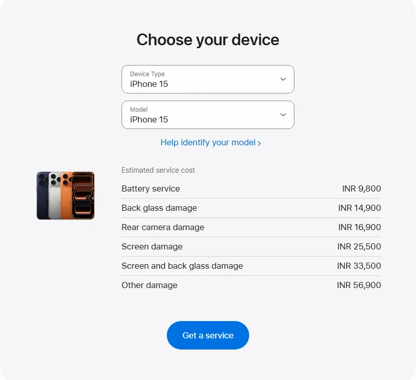 Apple India's repair pricing panel showing iPhone 15 service estimates