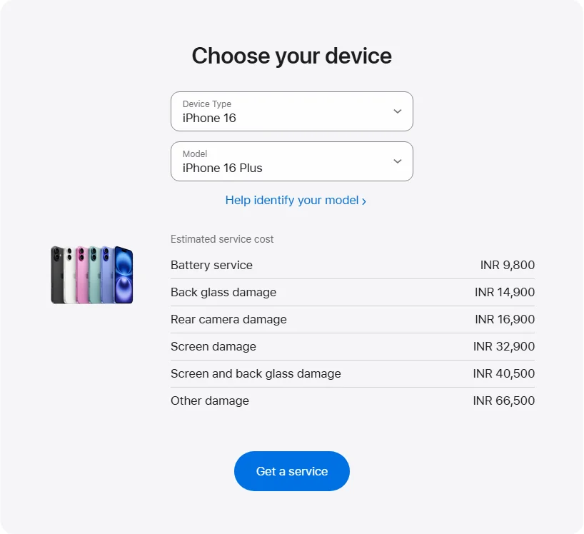 Apple India's repair pricing panel showing iPhone 16 Plus service estimates