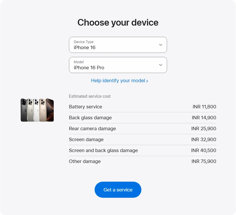 Apple India's repair pricing panel showing iPhone 16 Pro service estimates