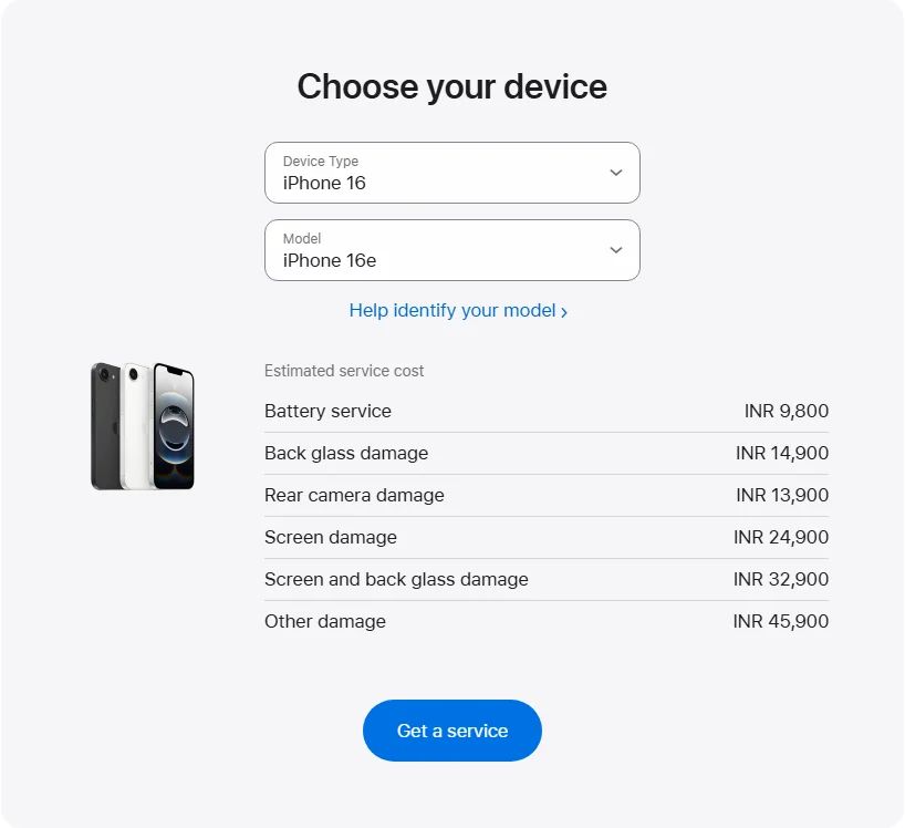 Apple India's repair pricing panel showing iPhone 16e service estimates