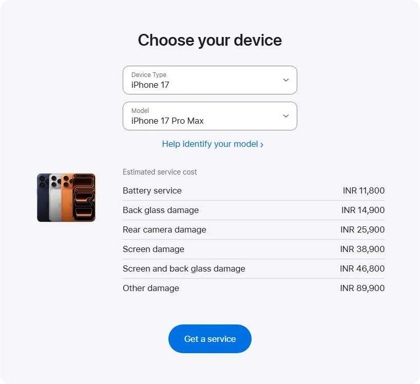 Apple India's repair pricing panel showing iPhone 17 Pro Max service estimates