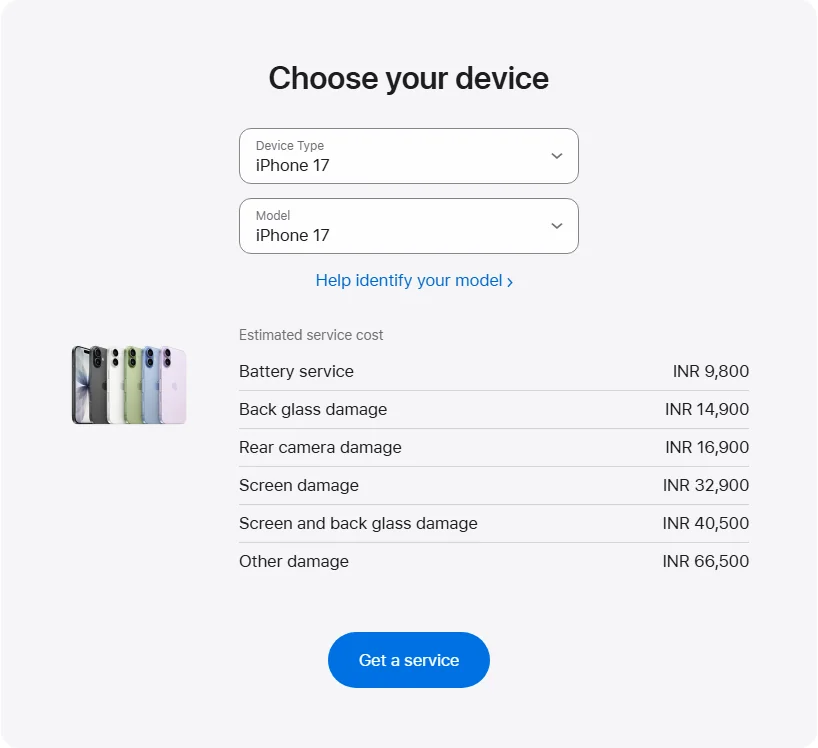 Apple India's repair pricing panel showing iPhone 17 service estimates