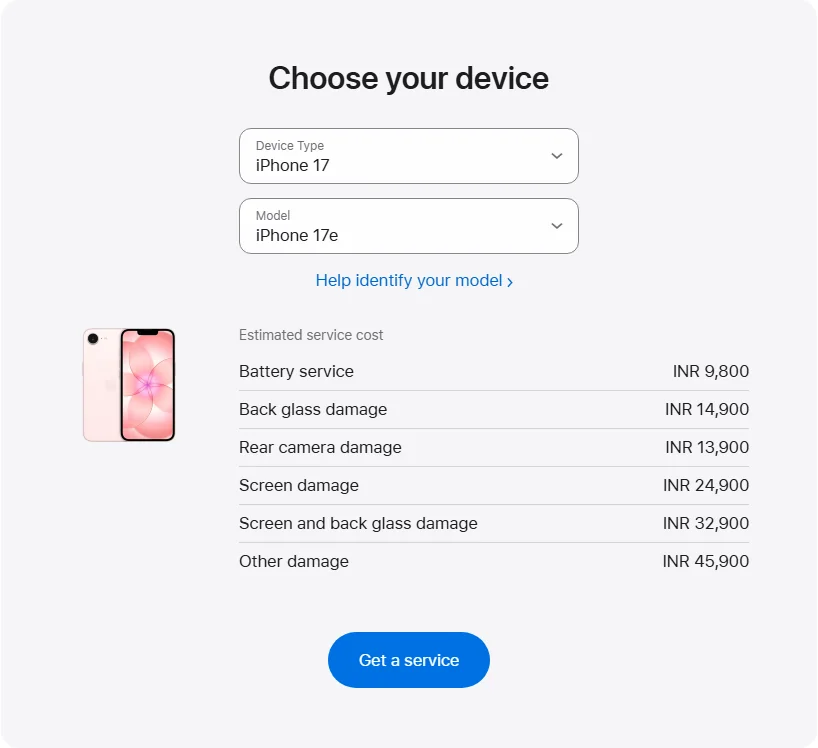 Apple India's repair pricing panel showing iPhone 17e service estimates