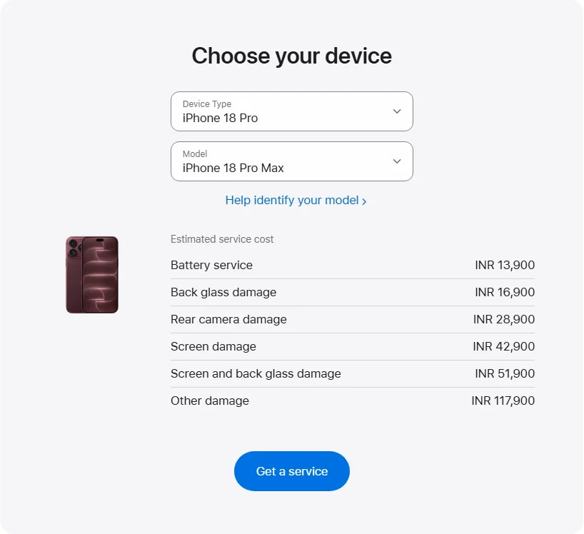 Apple India's repair pricing panel showing iPhone 18 Pro Max service estimates