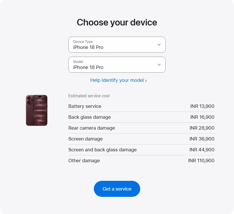 Apple India's repair pricing panel showing iPhone 18 Pro service estimates