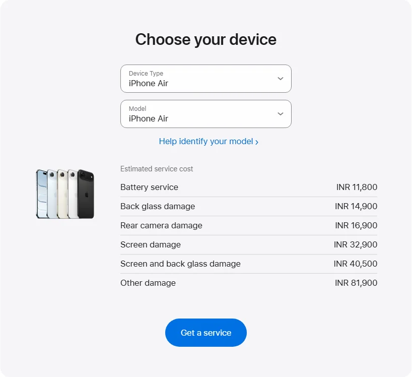Apple India's repair pricing panel showing iPhone Air service estimates
