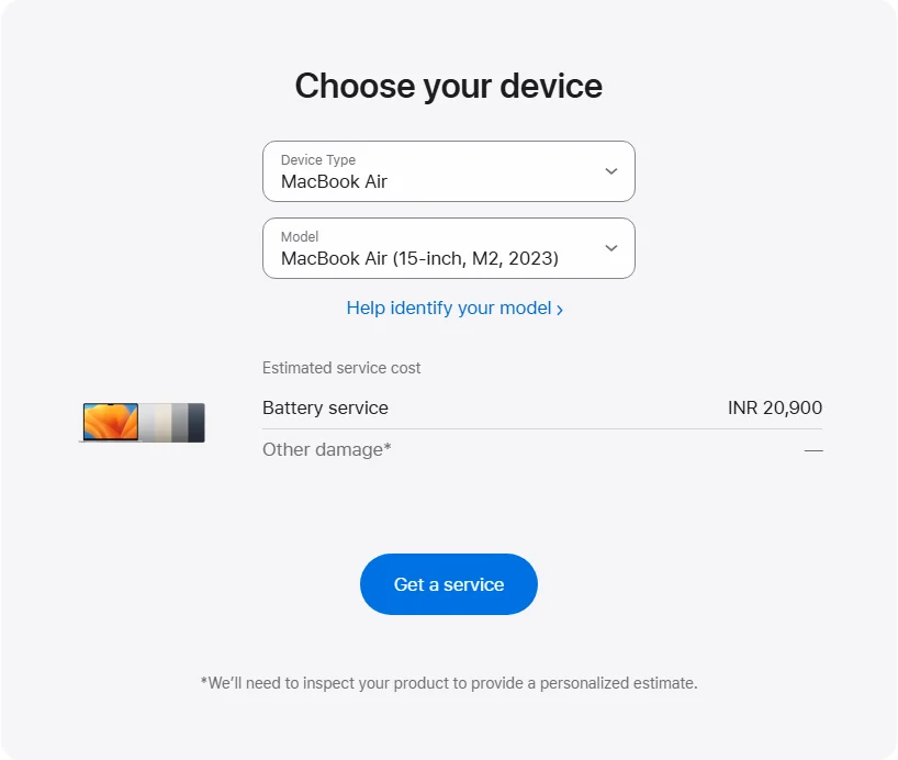 Apple India's repair pricing panel showing MacBook Air (15-inch, M2, 2023) service estimates