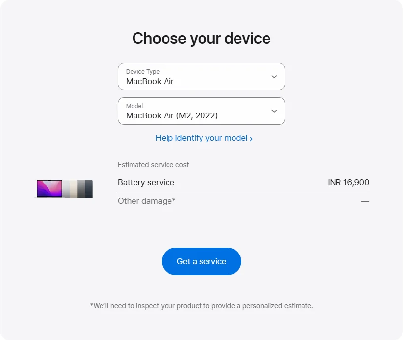 Apple India's repair pricing panel showing MacBook Air (M2, 2022) service estimates