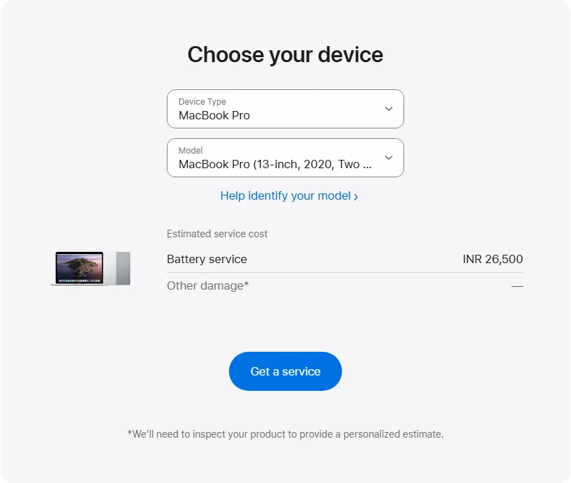 Apple India's repair pricing panel showing MacBook Pro (13-inch, 2020, Two Thunderbolt 3 Ports) service estimates