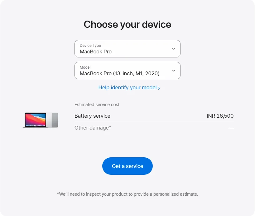 Apple India's repair pricing panel showing MacBook Pro (13-inch, M1, 2020) service estimates