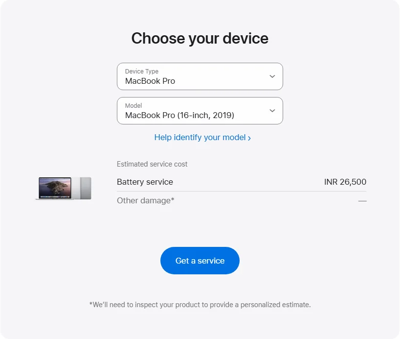 Apple India's repair pricing panel showing MacBook Pro (16-inch, 2019) service estimates