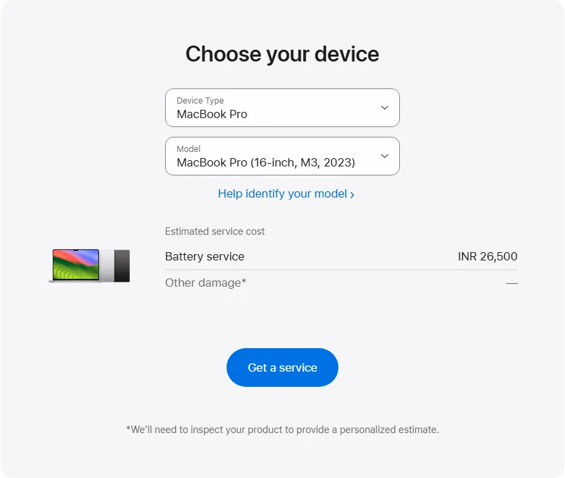 Apple India's repair pricing panel showing MacBook Pro (16-inch, M3, 2023) service estimates