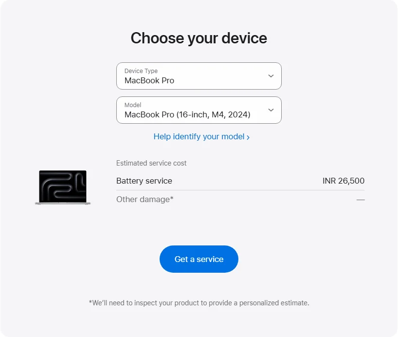 Apple India's repair pricing panel showing MacBook Pro (16-inch, M4, 2024) service estimates