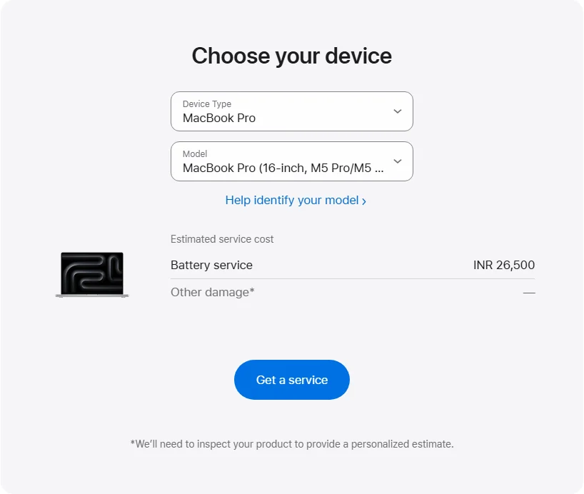 Apple India's repair pricing panel showing MacBook Pro (16-inch, M5 Pro/M5 Max) service estimates
