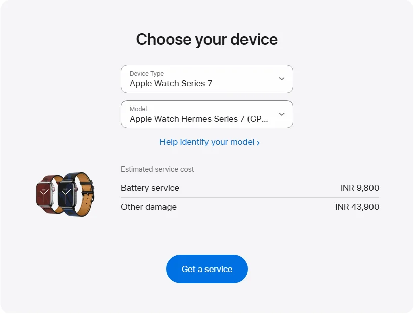 Apple India's repair pricing panel showing Apple Watch Hermes Series 7 (GPS + Cellular) 41 mm service estimates