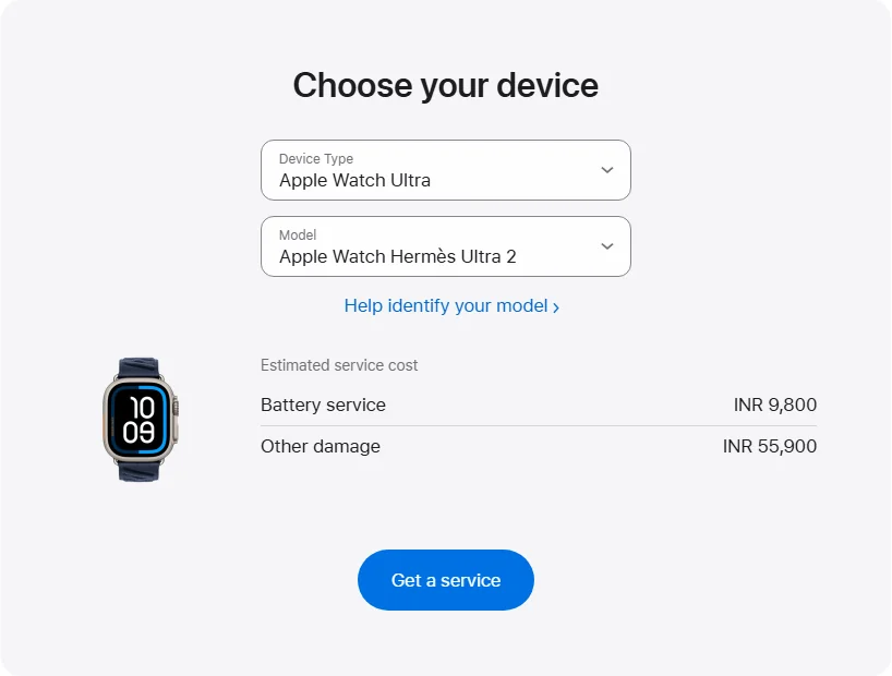 Apple India's repair pricing panel showing Apple Watch Hermès Ultra 2 service estimates