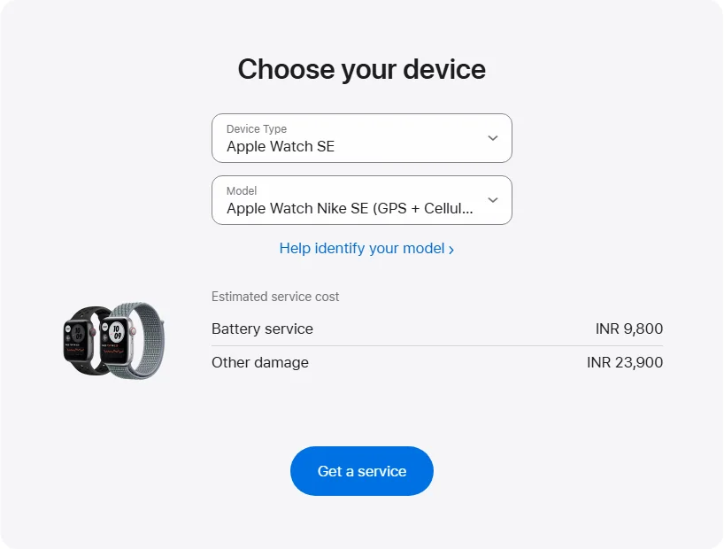Apple India's repair pricing panel showing Apple Watch Nike SE (GPS +  Cellular) 40 mm service estimates