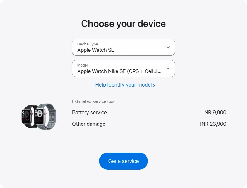 Apple India's repair pricing panel showing Apple Watch Nike SE (GPS + Cellular) 44 mm service estimates