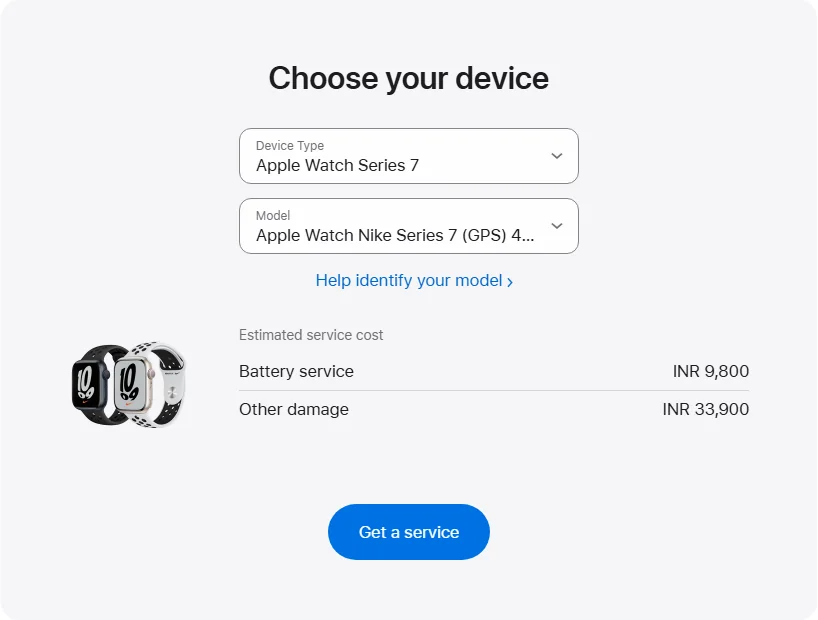 Apple India's repair pricing panel showing Apple Watch Nike Series 7 (GPS) 41 mm service estimates