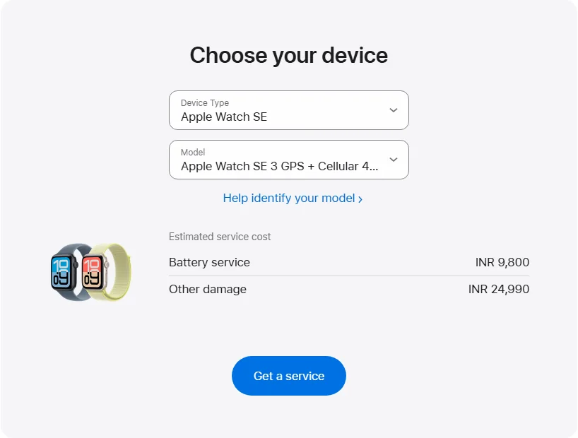 Apple India's repair pricing panel showing Apple Watch SE 3 GPS + Cellular 40mm service estimates