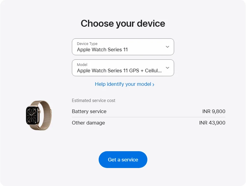 Apple India's repair pricing panel showing Apple Watch Series 11 GPS + Cellular Titanium 42mm service estimates