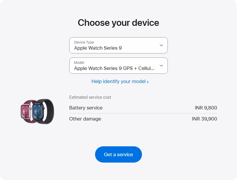 Apple India's repair pricing panel showing Apple Watch Series 9 GPS + Cellular Aluminum 41mm service estimates
