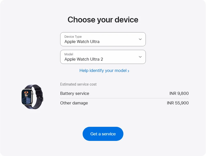 Apple India's repair pricing panel showing Apple Watch Ultra 2 service estimates