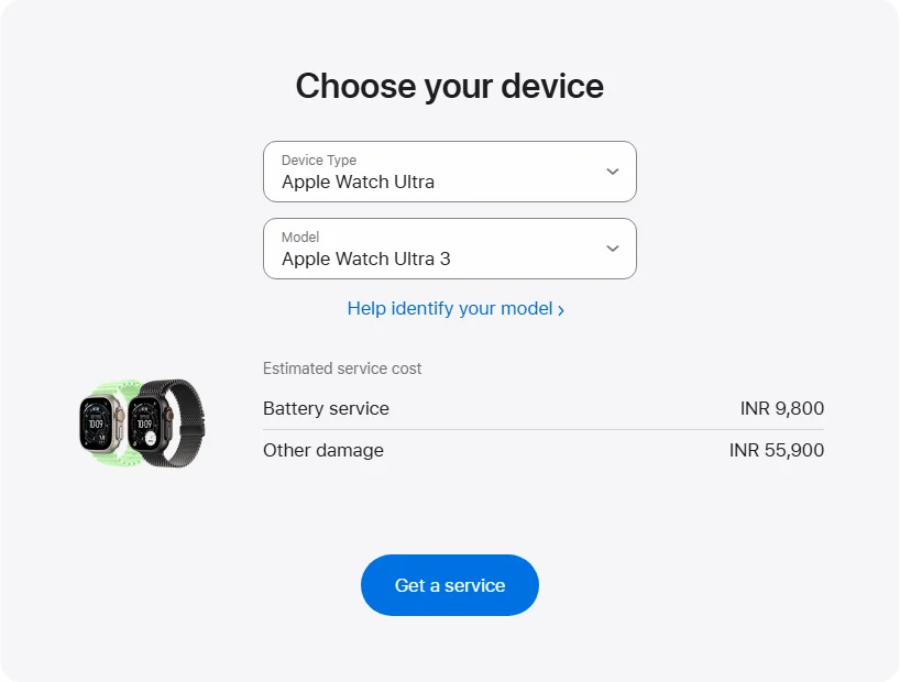 Apple India's repair pricing panel showing Apple Watch Ultra 3 service estimates