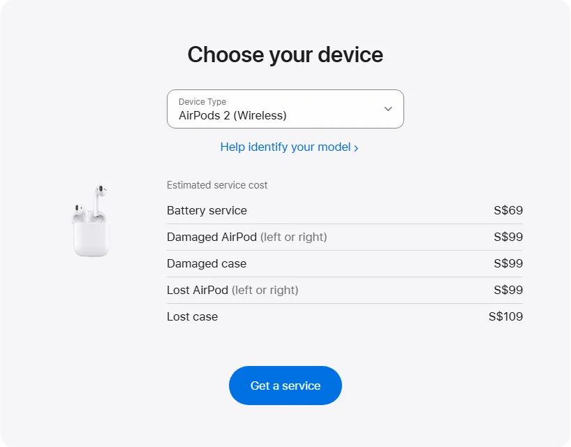 Apple Singapore's repair pricing panel showing AirPods 2 (Wireless) service estimates
