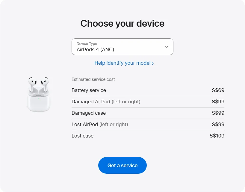 Apple Singapore's repair pricing panel showing AirPods 4 (ANC) service estimates