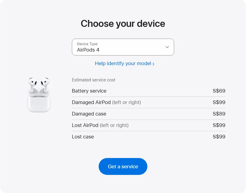 Apple Singapore's repair pricing panel showing AirPods 4 service estimates
