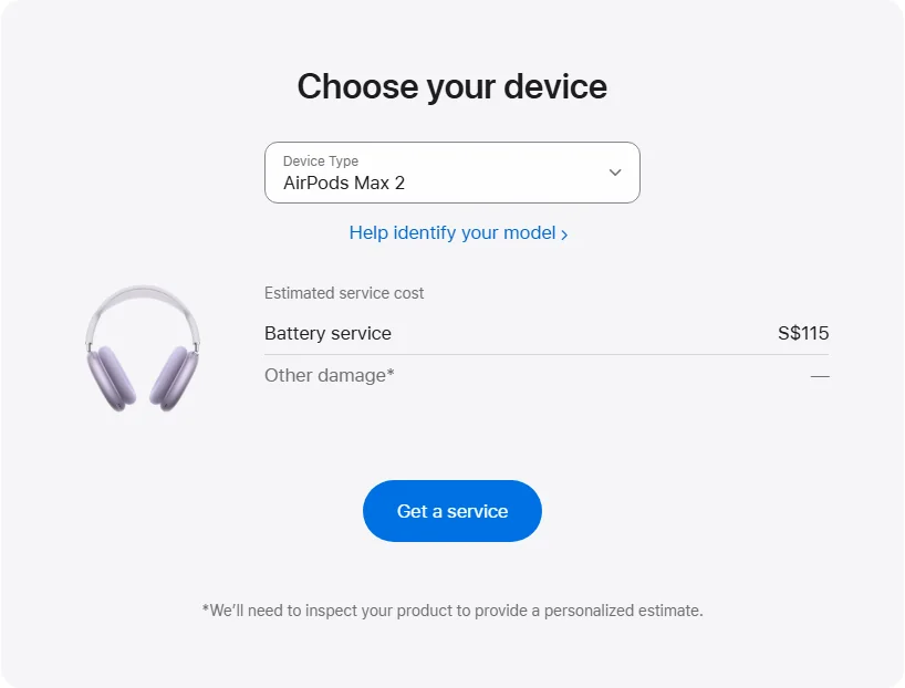 Apple Singapore's repair pricing panel showing AirPods Max 2 service estimates