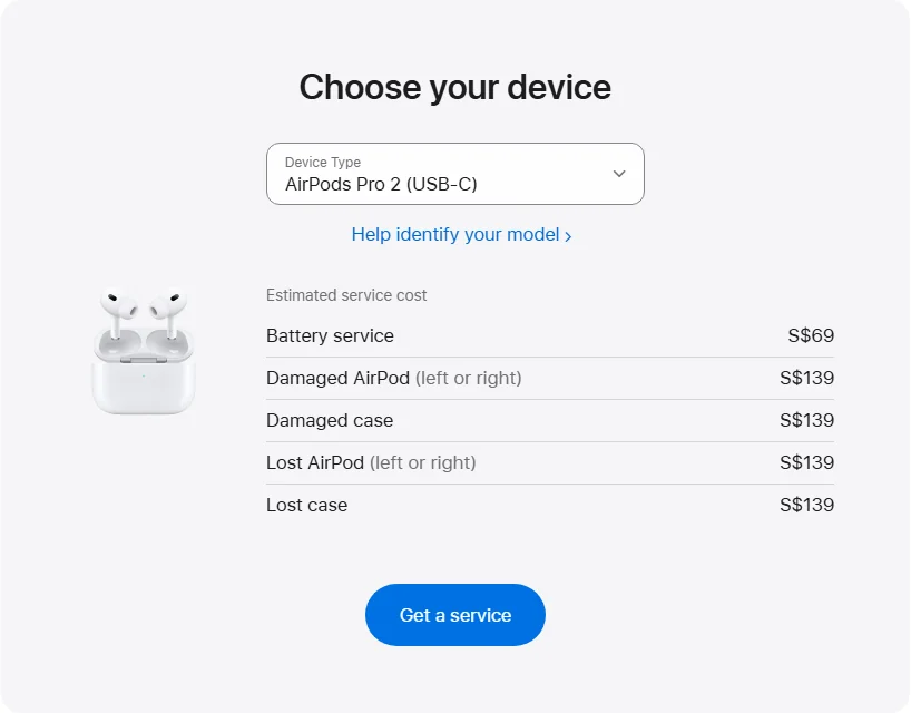 Apple Singapore's repair pricing panel showing AirPods Pro 2 (USB-C) service estimates