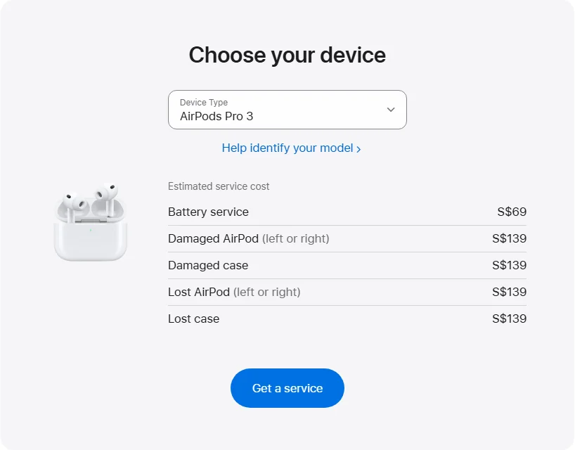 Apple Singapore's repair pricing panel showing AirPods Pro 3 service estimates