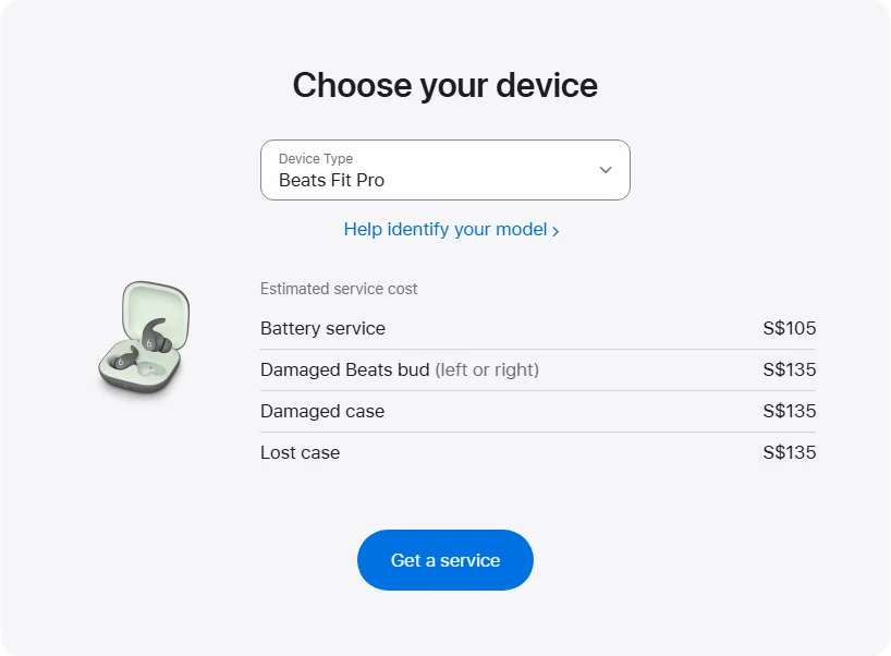Apple Singapore's repair pricing panel showing Beats Fit Pro service estimates