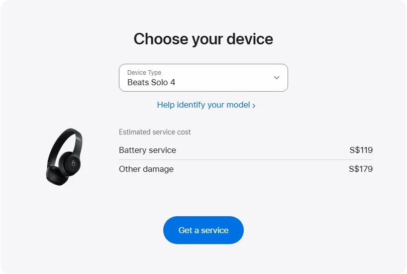 Apple Singapore's repair pricing panel showing Beats Solo 4 service estimates