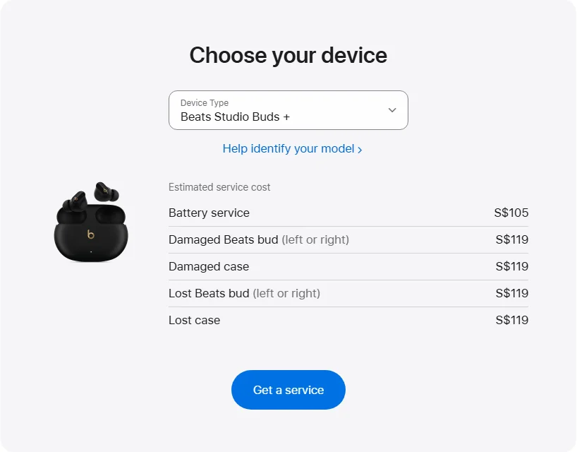 Apple Singapore's repair pricing panel showing Beats Studio Buds + service estimates