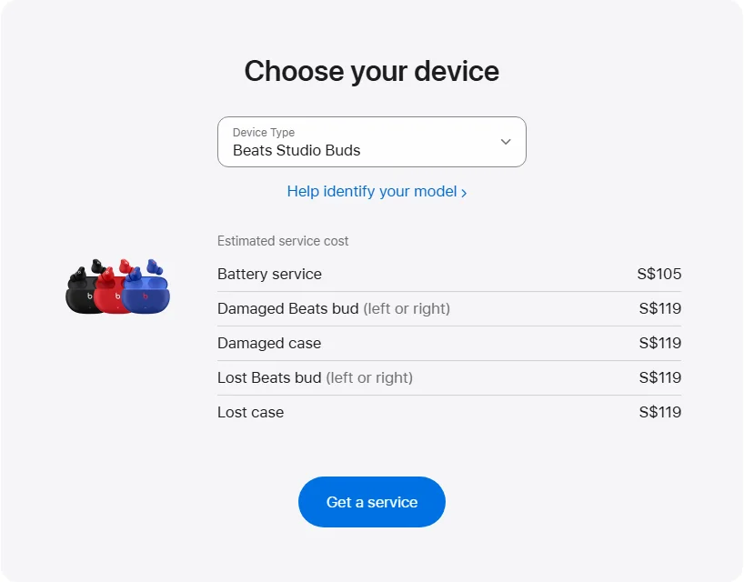Apple Singapore's repair pricing panel showing Beats Studio Buds service estimates