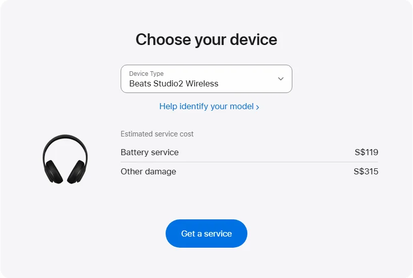 Apple Singapore's repair pricing panel showing Beats Studio2 Wireless service estimates