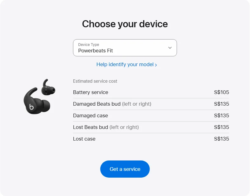 Apple Singapore's repair pricing panel showing Powerbeats Fit service estimates