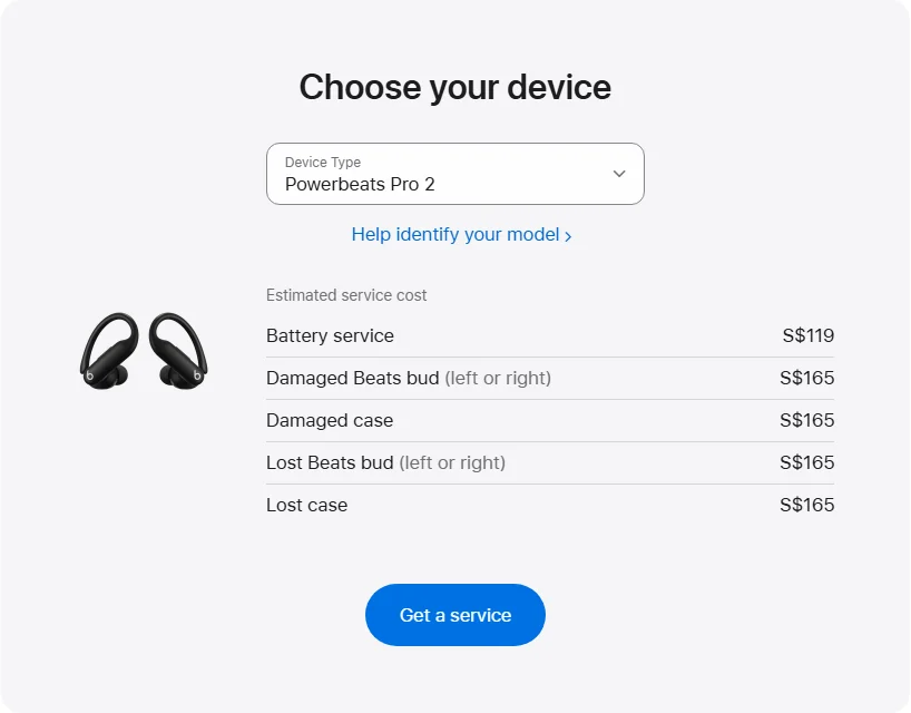 Apple Singapore's repair pricing panel showing Powerbeats Pro 2 service estimates