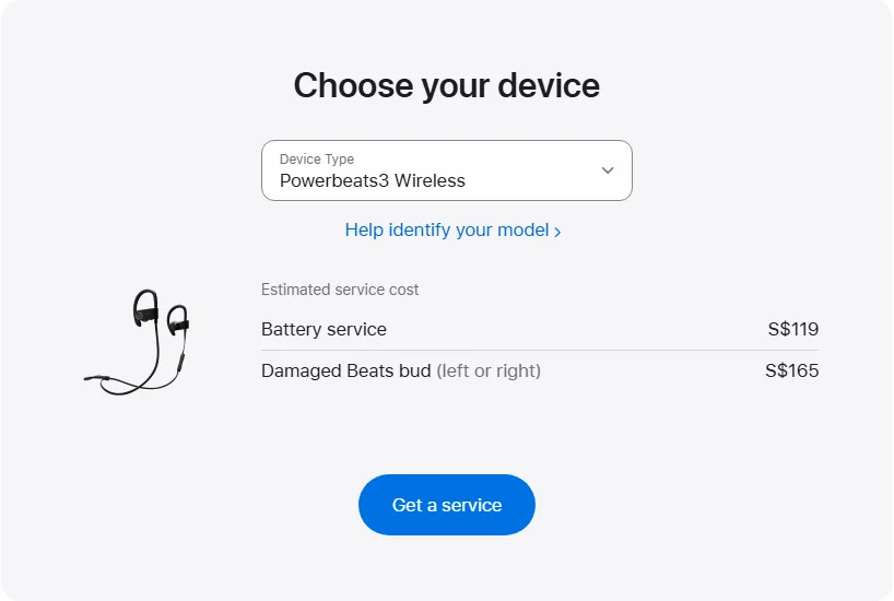 Apple Singapore's repair pricing panel showing Powerbeats3 Wireless service estimates